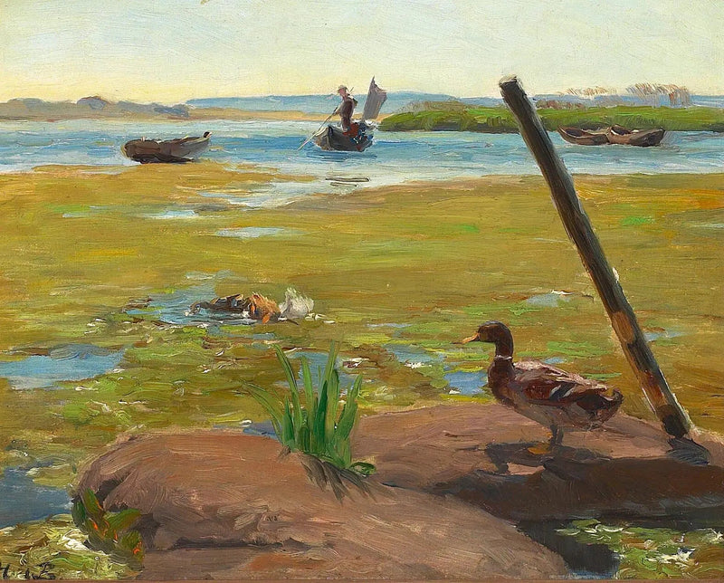Landskap nær Jyllinge med en and. I bakgrunnen, en mann driver med punting. - H. A. Brendekilde

Source:
Paysage près de Jyllinge avec un canard. À l'arrière-plan, un homme fait du punting. - H. A. Brendekilde