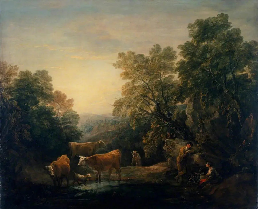Røft og skogkledd landskap med rustikke elskende, en hyrde og kuer - Thomas Gainsborough

Source:
Paysage rocheux et boisé avec des amoureux rustiques, un berger et des vaches - Thomas Gainsborough