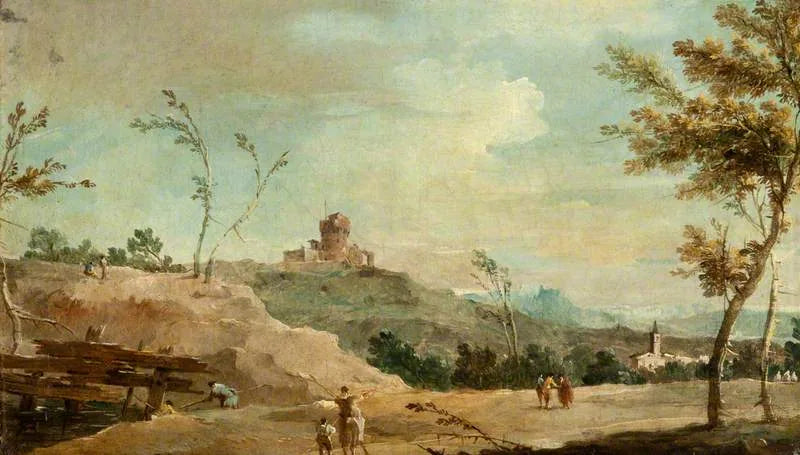 Bølget landskap med et ruinert tårn - Francesco Guardi