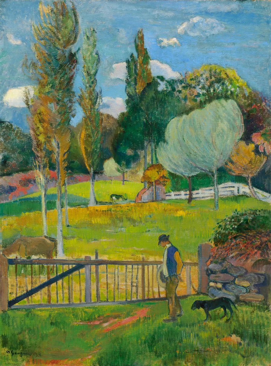 Bonde og hunden hans ved et gjerde - Paul Gauguin