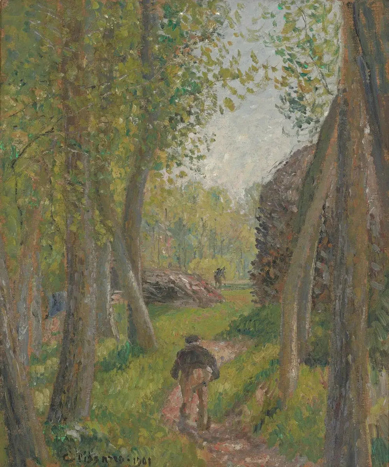 Bonde sett bakfra i en skogbunn, Moret - Camille Pissarro
