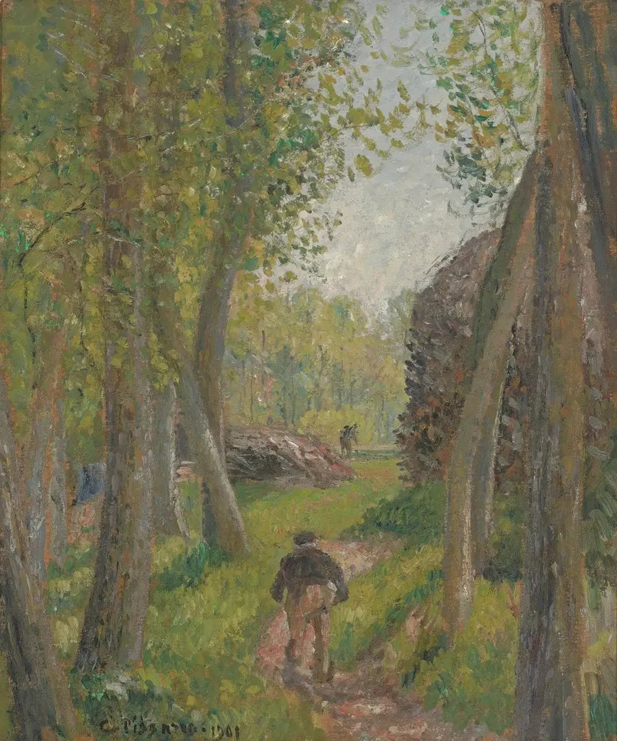 Bonde sett bakfra i en skogbunn, Moret - Camille Pissarro