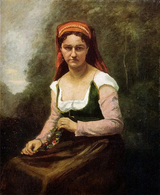 Sittende bonde kvinne i grøntområdet, holder en blomsterkrans - Jean-Baptiste Camille Corot