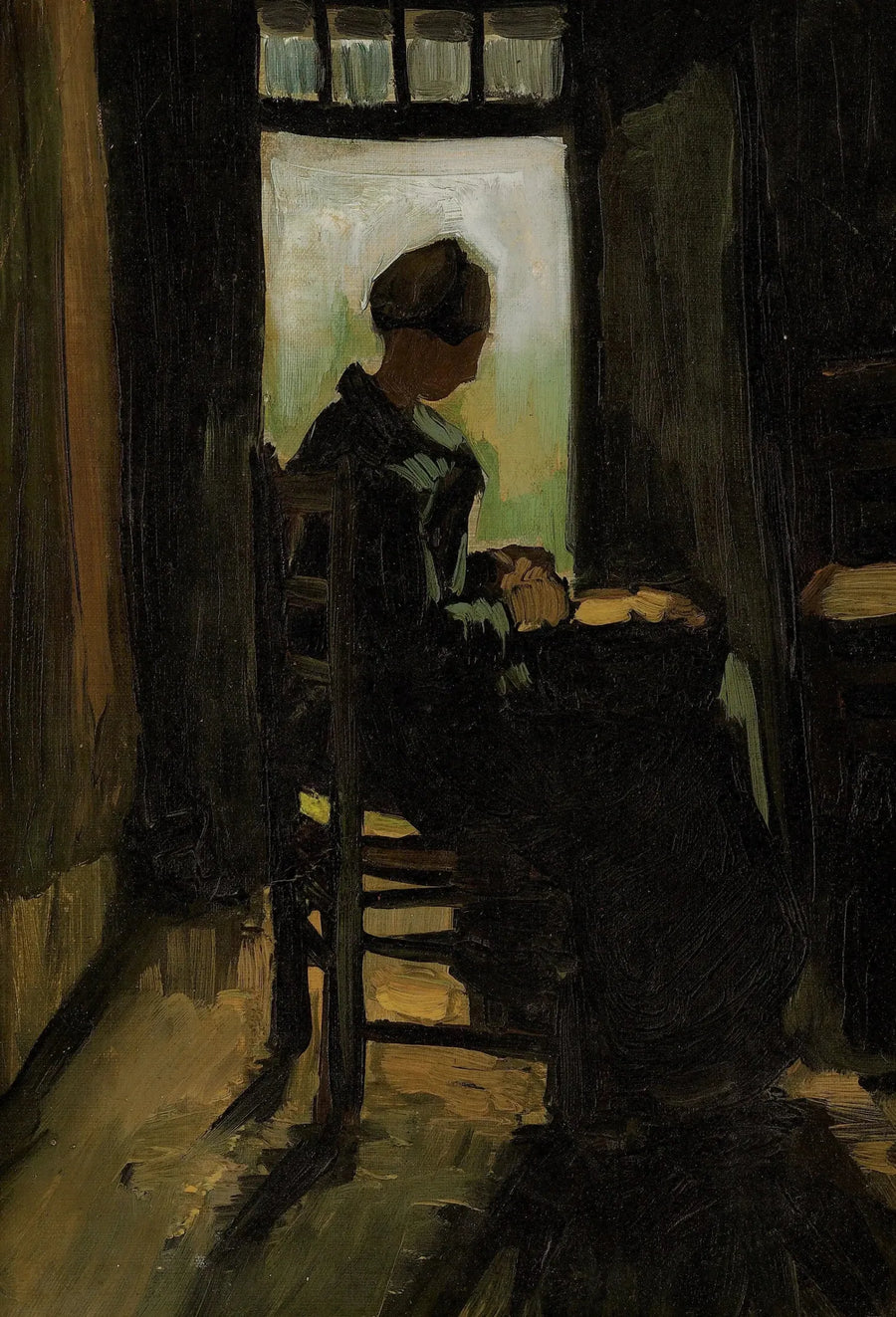 Bondekvinne sittende foran en åpen dør, skreller poteter - Vincent van Gogh