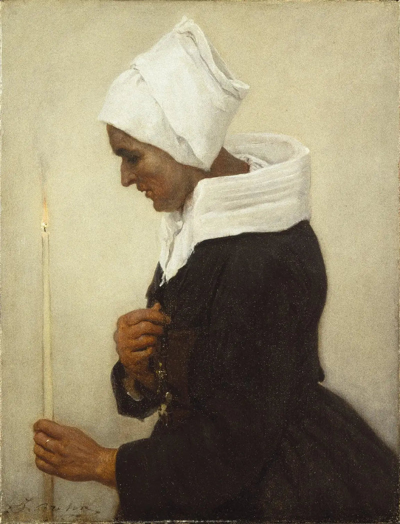 Bretonsk bondepike som holder et lys - Jules Breton