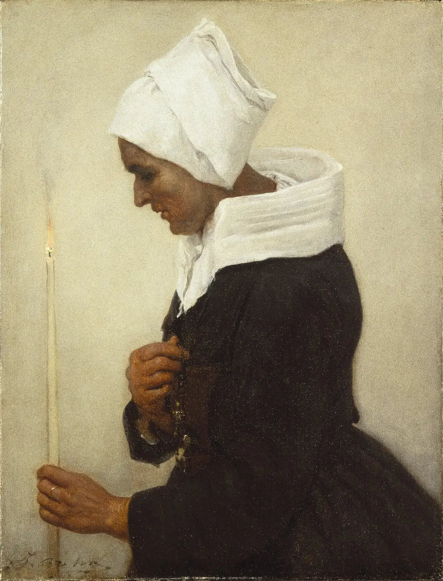 Bretonsk bondepike som holder et lys - Jules Breton