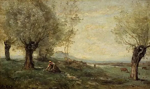 Gårdsarbeider som klipper gress ved en piletrær - Jean-Baptiste Camille Corot