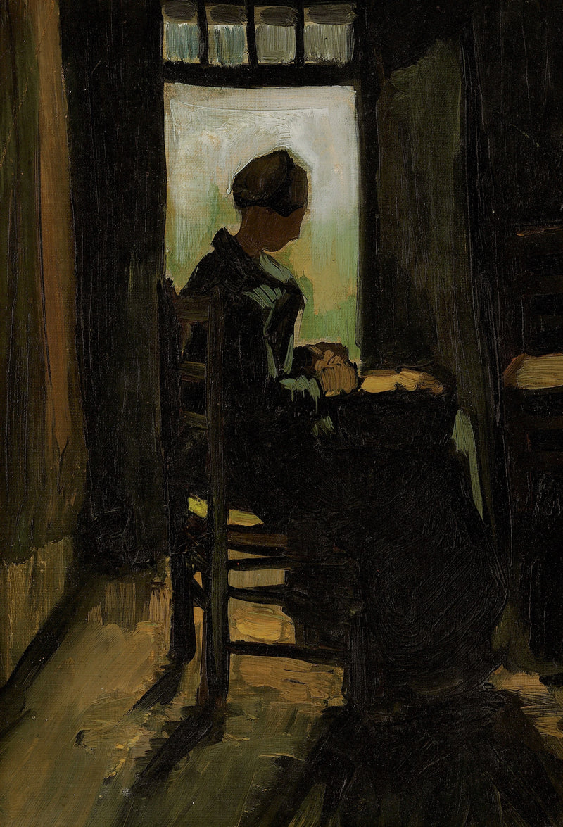 Bondekvinne sittende foran en åpen dør, skreller poteter - Vincent van Gogh