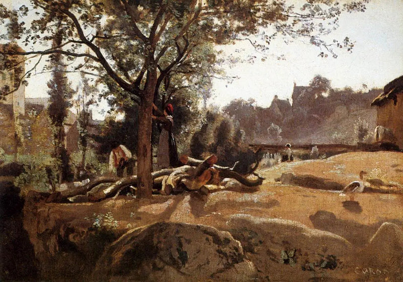 Bønder under trær ved daggry - Jean-Baptiste Camille Corot