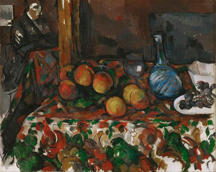 Fersken, karaffel og figur - Paul Cézanne