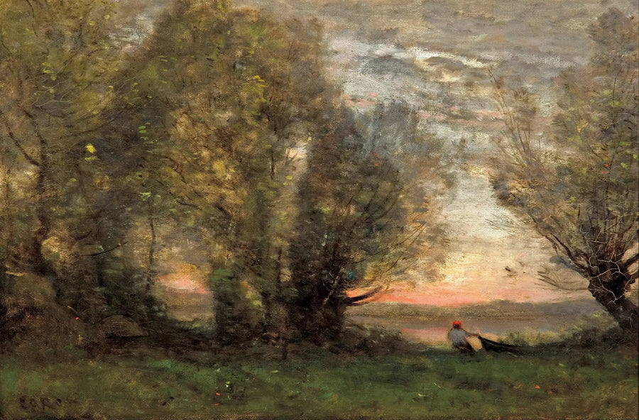 Fisker som drar båten sin ved en gammel piletre, kveldseffekt - Jean-Baptiste Camille Corot