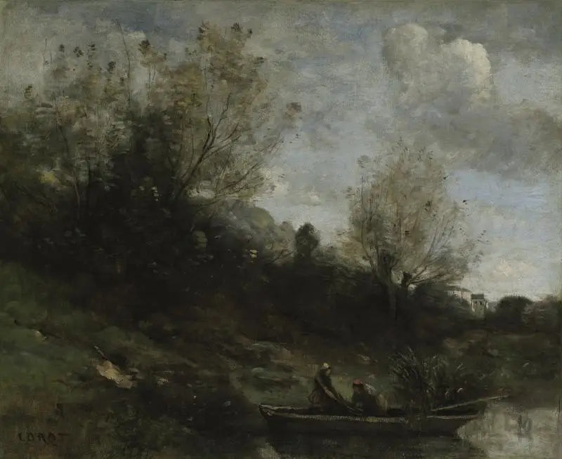 Fiskere i båt ved elvebredden - Jean-Baptiste Camille Corot