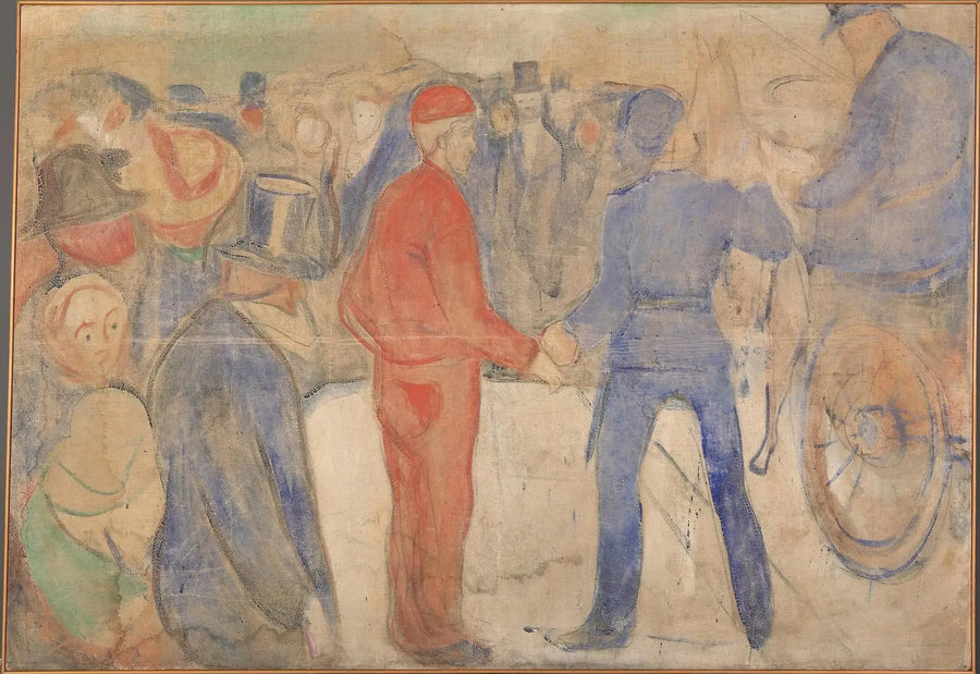 Folk som samler seg rundt en mann i rødt - Edvard Munch