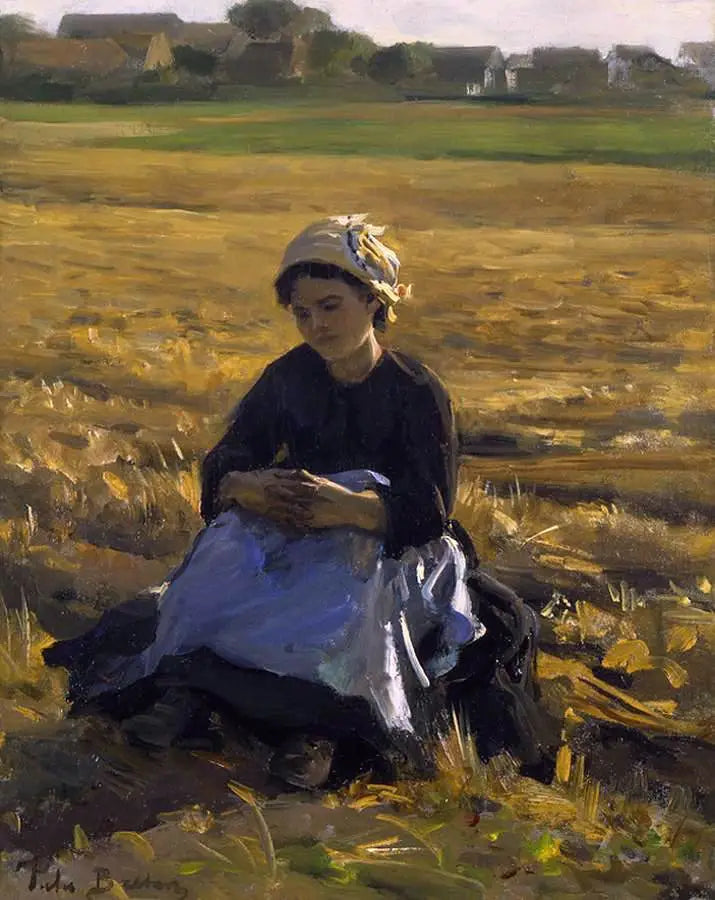 Liten samler sittende i åkeren - Jules Breton