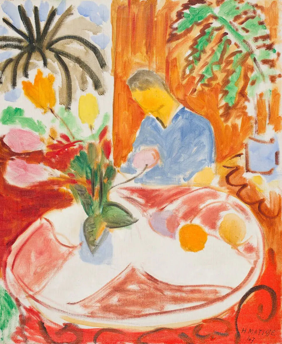 Lite Interiør med Rund Marmorbord, Palme og Figur - Henri Matisse