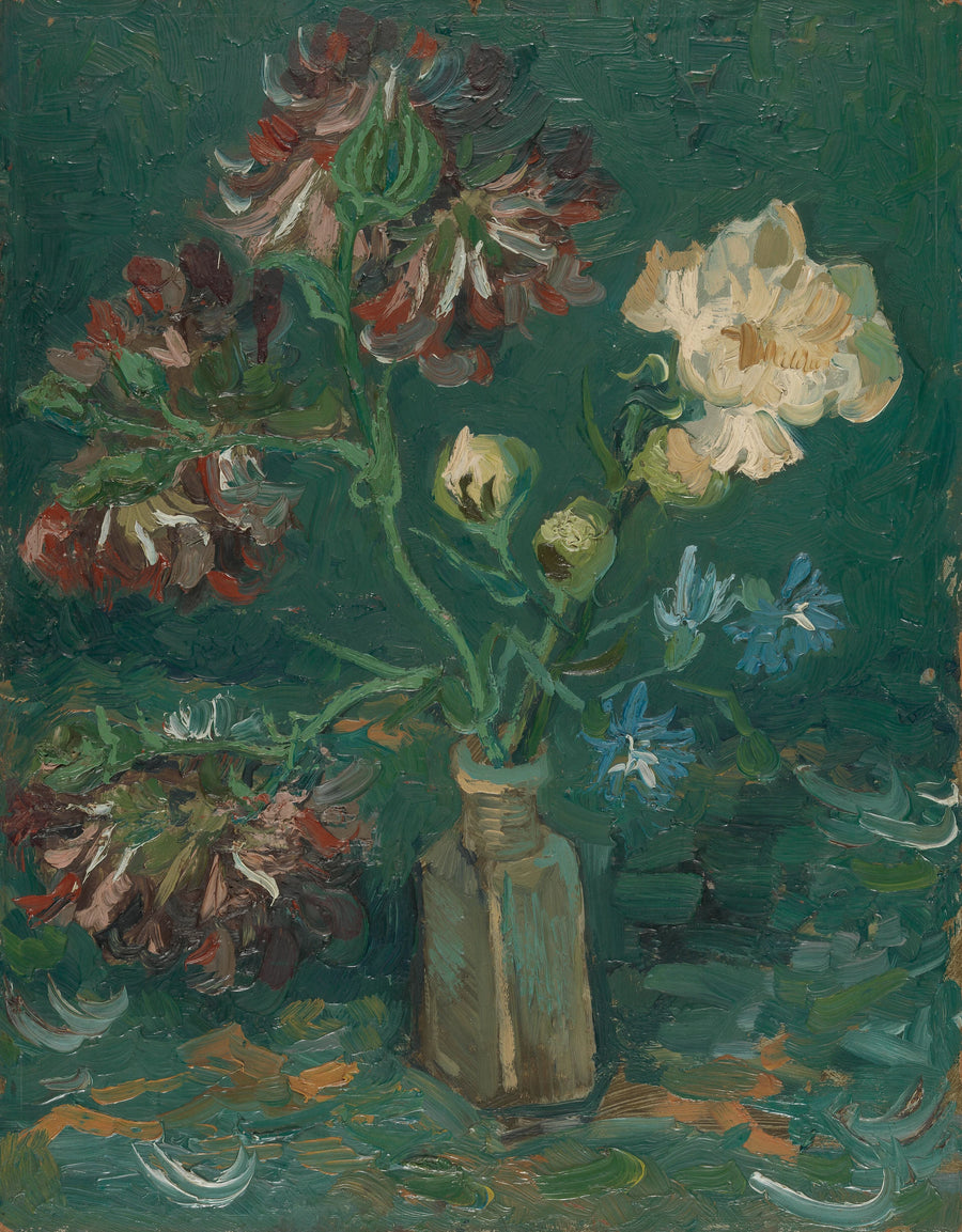 Liten flaske med pioner og blå riddersporer - Vincent van Gogh