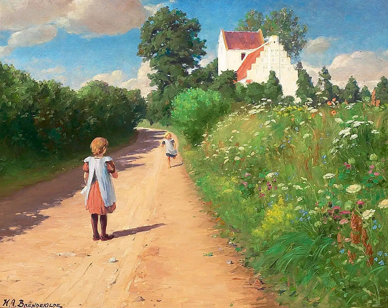 Små jenter som leker foran Brændekilde-kirken på en varm sommerdag. - H. A. Brendekilde

Source:
Petites filles jouant devant l'église de Brændekilde par une chaude journée d'été. - H. A. Brendekilde