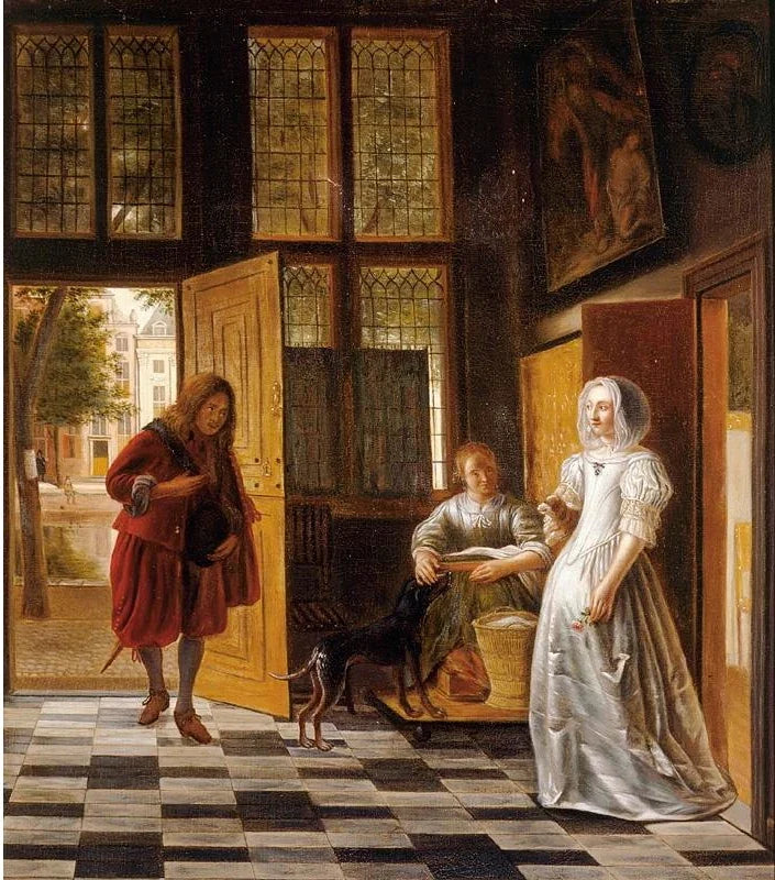 Une femme recevant un homme dans la porte, peinture de Pieter de Hooch