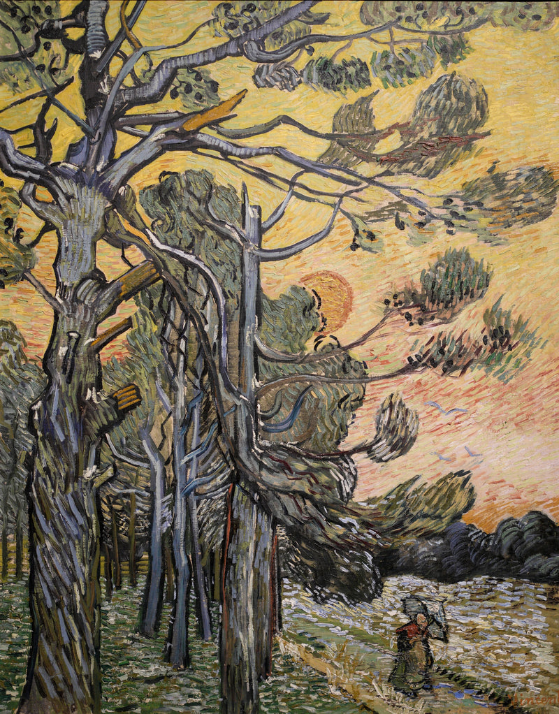 Nåler mot en rød himmel med solnedgang - Vincent van Gogh