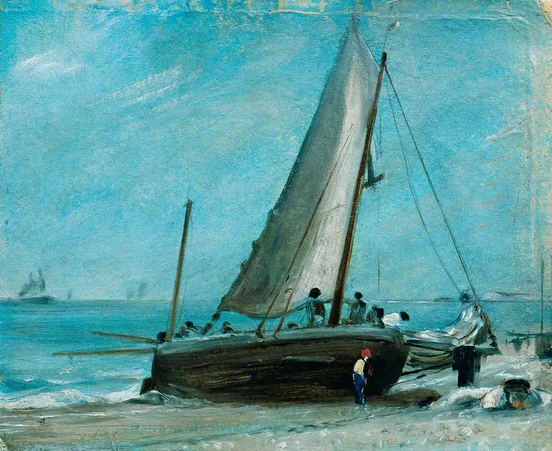 Brighton-stranden, med fiskebåt og mannskap - John Constable
