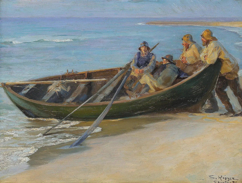 Nordstranden i Skagen. En grønn båt ved vannkanten. To fiskere sitter i båten, lent mot relingene. Inne er det en gaffel og to årer. - Peder Severin Krøyer