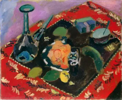 Tallerkener og frukter på et rødt og svart teppe (Det Røde Teppe) - Henri Matisse