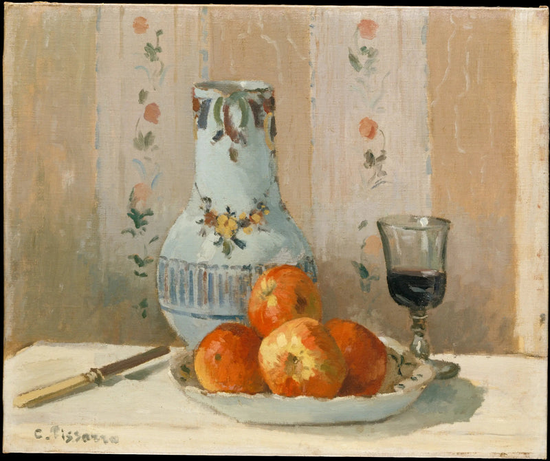 Kastanjetre og glasert keramikk på et bord - Camille Pissarro