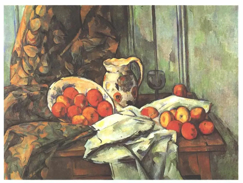 Epler og mugge på et bord - Paul Cézanne