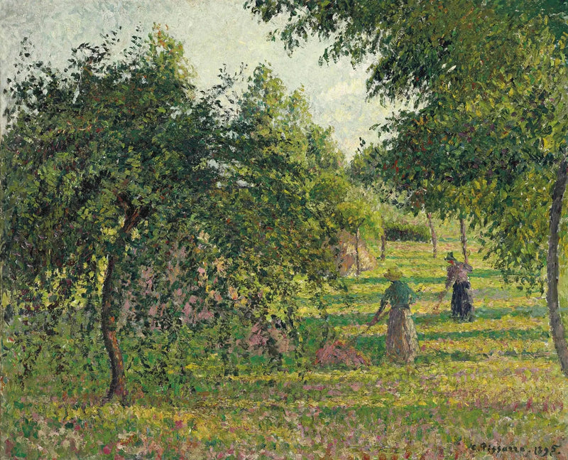 Epletrær og bonde som raker høy, Éragny - Camille Pissarro