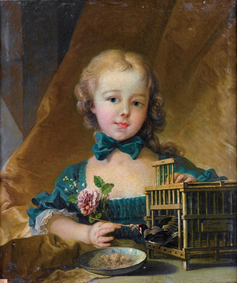 Portrett av Alexandrine Le Normant d'Étiolles som leker med en gulspurv - François Boucher