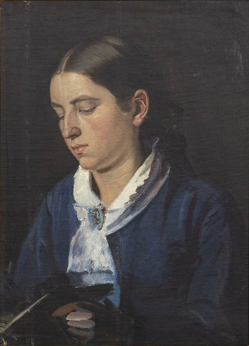 Portrait d'Anna Brøndum en robe bleue, en train de lire. - Michael Peter Ancher