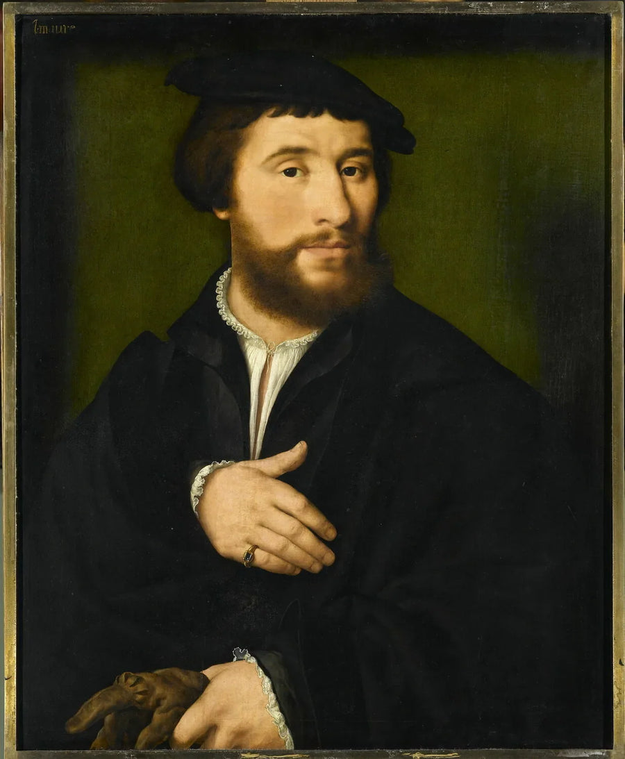 Portrett av en mann kledd i svart og som holder hans hansker i den ene hånden - Joos van Cleve