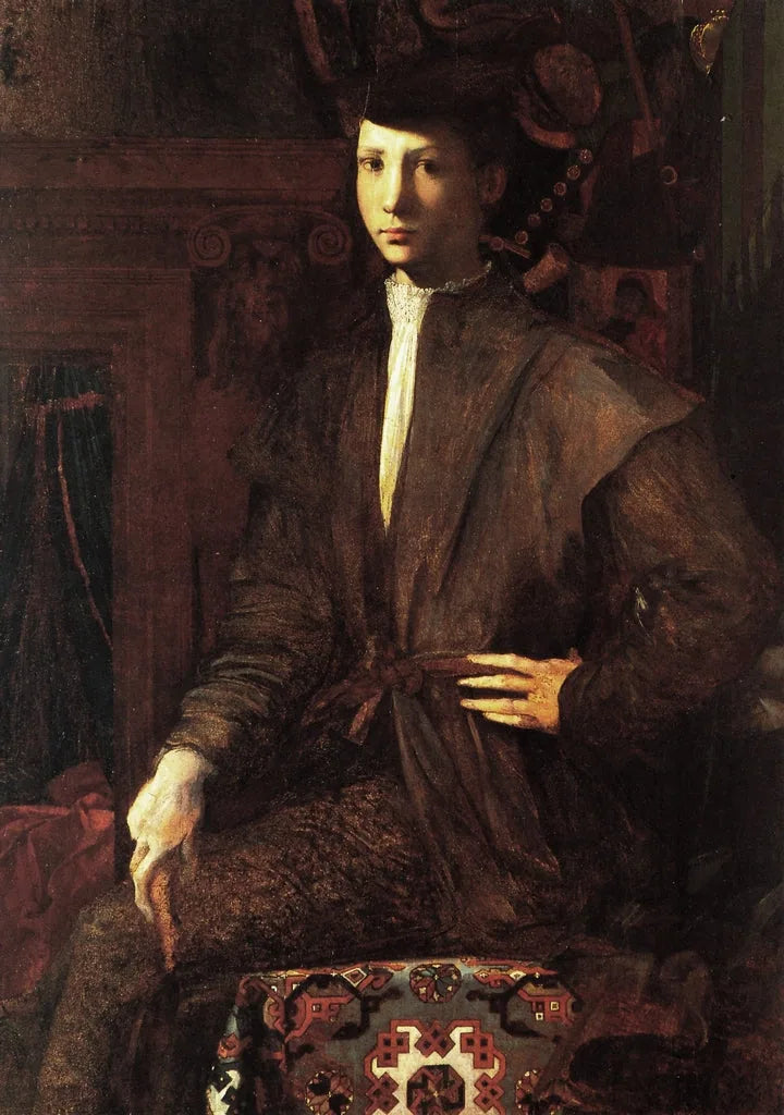 Portrett av en ung mann sittende på et teppe - Rosso Fiorentino