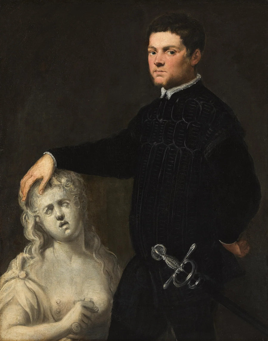 Portrett av en ung mann med en skulptur av Lucrezia - Tintoretto - Jacopo Tintoretto