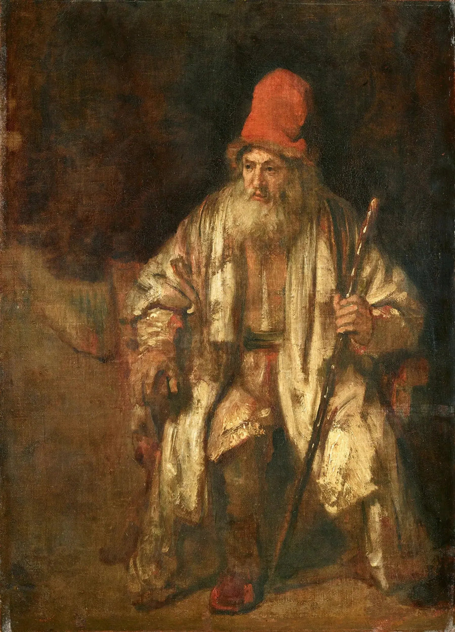 Portrett av en gammel mann som sitter med en rød hatt - Rembrandt