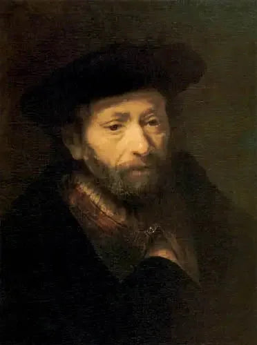 Portrett av en gammel skjeggete mann med hånden i frakken sin - Rembrandt