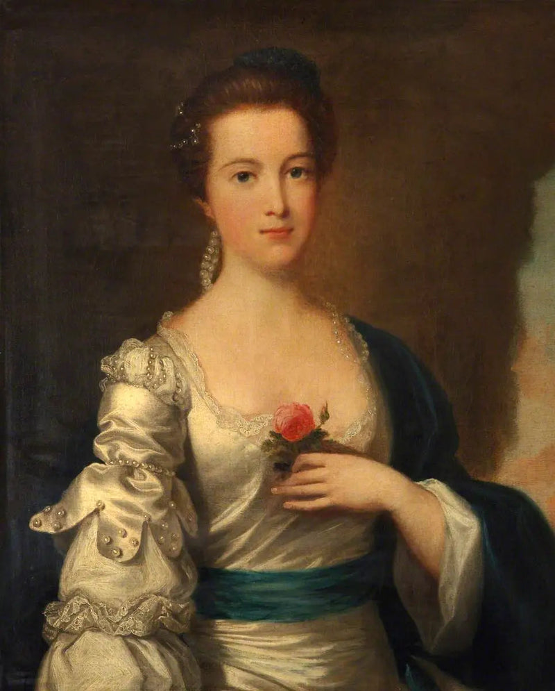 Portrett av en dame i hvit satengkjole - Joshua Reynolds