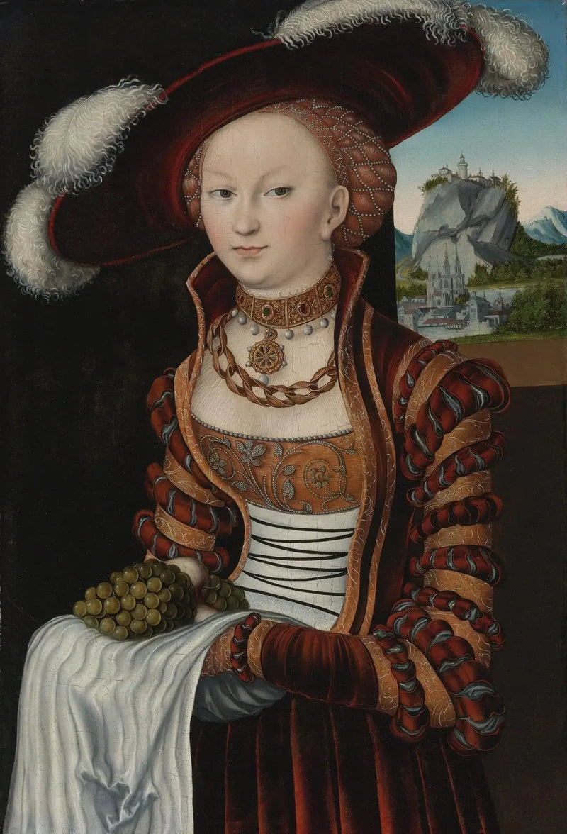 Portrett av en ung kvinne som holder en klase druer - Lucas Cranach den eldre