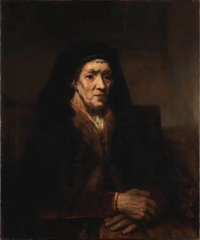 Portrett av en gammel kvinne som sitter med hendene foldet - Rembrandt