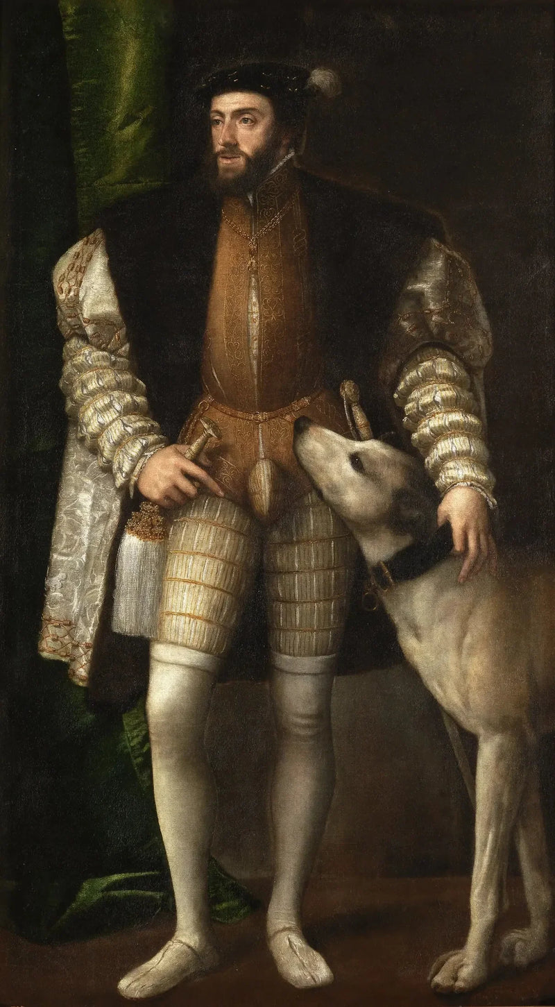 Portrett av Karl V med en hund - Titian