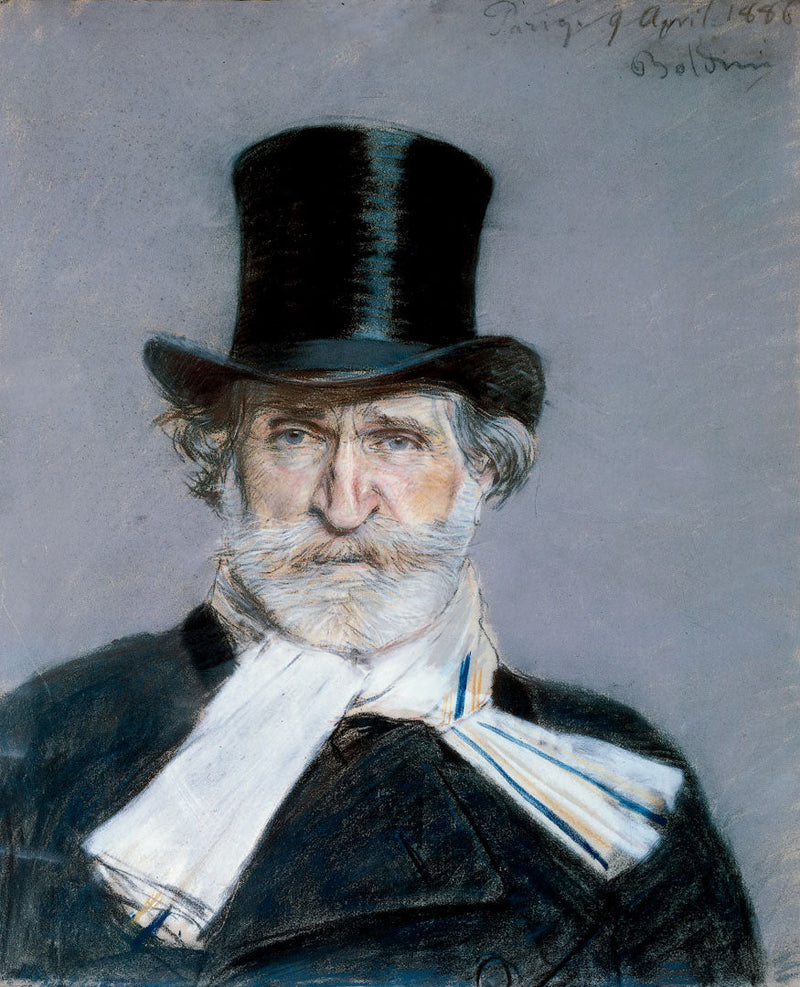 Portrett av Giuseppe Verdi med hvit skjerf og høye hat - Giovanni Boldini