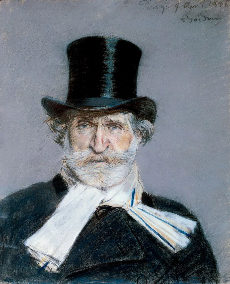 Portrett av Giuseppe Verdi med hvit skjerf og høye hat - Giovanni Boldini