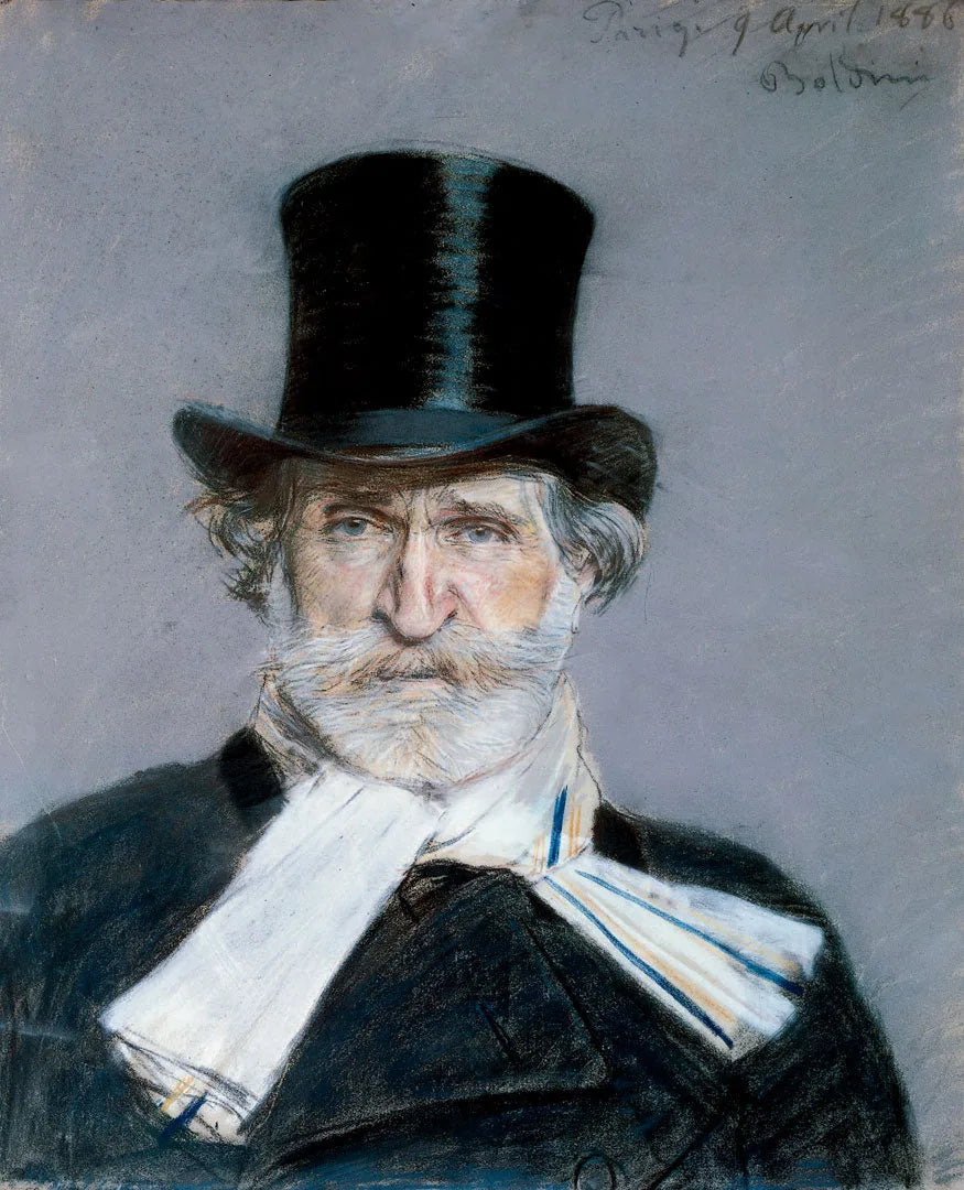 Portrett av Giuseppe Verdi med hvit skjerf og høye hat - Giovanni Boldini