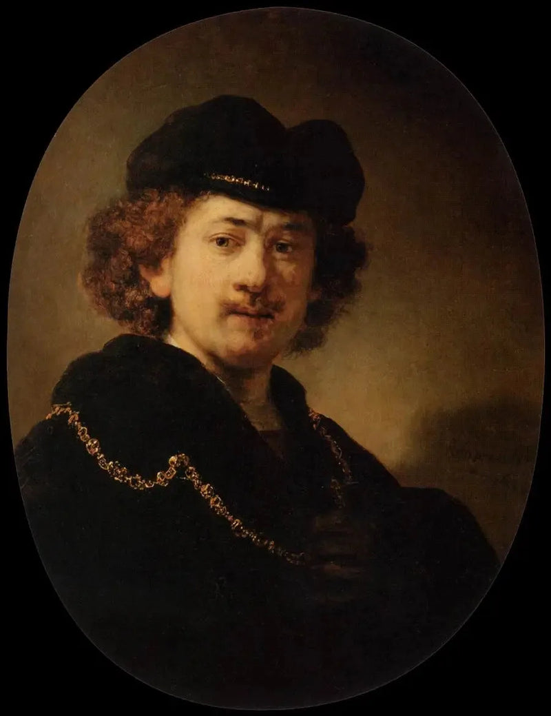 Portrett av kunstneren med toque og gullkjede - Rembrandt