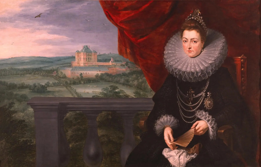 Portrett av prinsesse Isabel med Mariement-slottet i bakgrunnen - Peter Paul Rubens