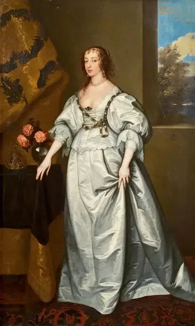 Portrett av dronning Henriette Marie stående i full lengde i en hvit satengkjole - Antoine van Dyck

Source:
Portrait de la reine Henriette Marie debout en pied dans une robe de satin blanc - Antoine van Dyck