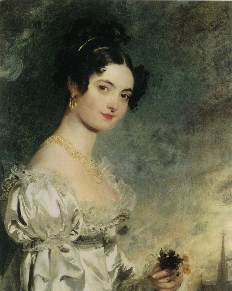 Portrett av Lady Selina Meade (1797–1872), halvt kropp, i en elfenbargull satengkjole, med spiret til St. Stephen's katedral i Wien i bakgrunnen - Thomas Lawrence