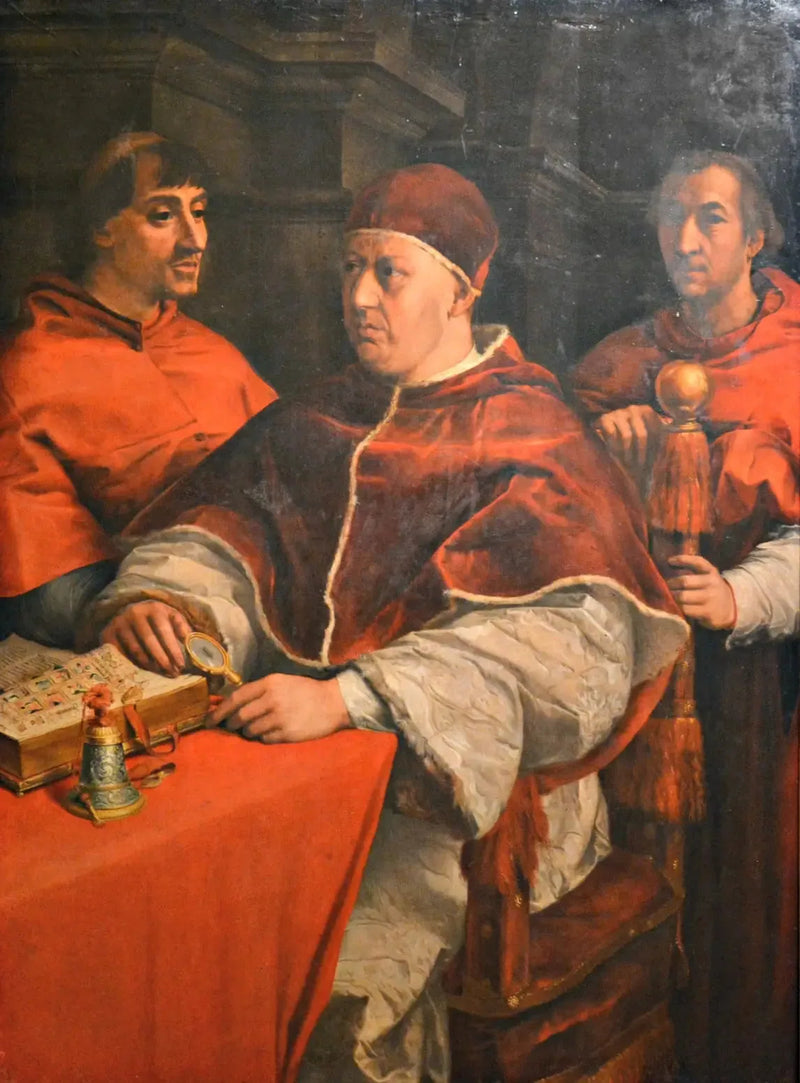 Portrett av León X med kardinalene Giulio de Médicis og Luigi de' Rossi - Andrea del Sarto