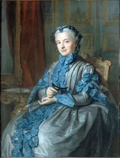 Portrett av Madame presidenten av Rieux, i ballantrekk, holder en maske - Maurice-Quentin de La Tour