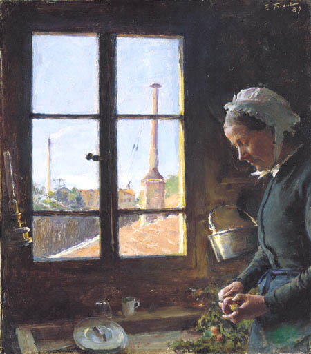 Portrait de sa mère épluchant une navette, devant une fenêtre - Émile Friant image 1 reproduction de peinture à l’huile